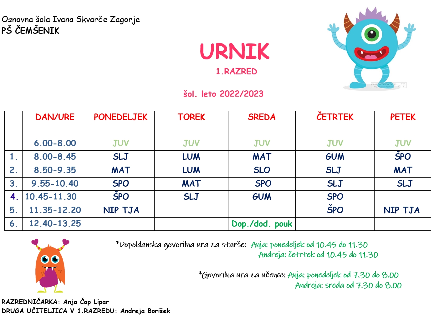 Urnik oddelkov na PŠ Čemšenik Urnik oddelkov na PŠ Čemšenik