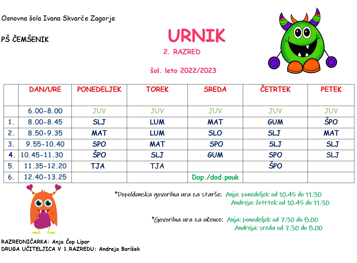 Urnik oddelkov na PŠ Čemšenik Urnik oddelkov na PŠ Čemšenik