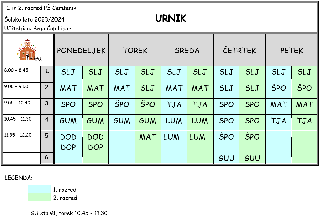 PŠ Čemšenik | Urnik 1. in 2. razred, šolsko leto 2023/2024