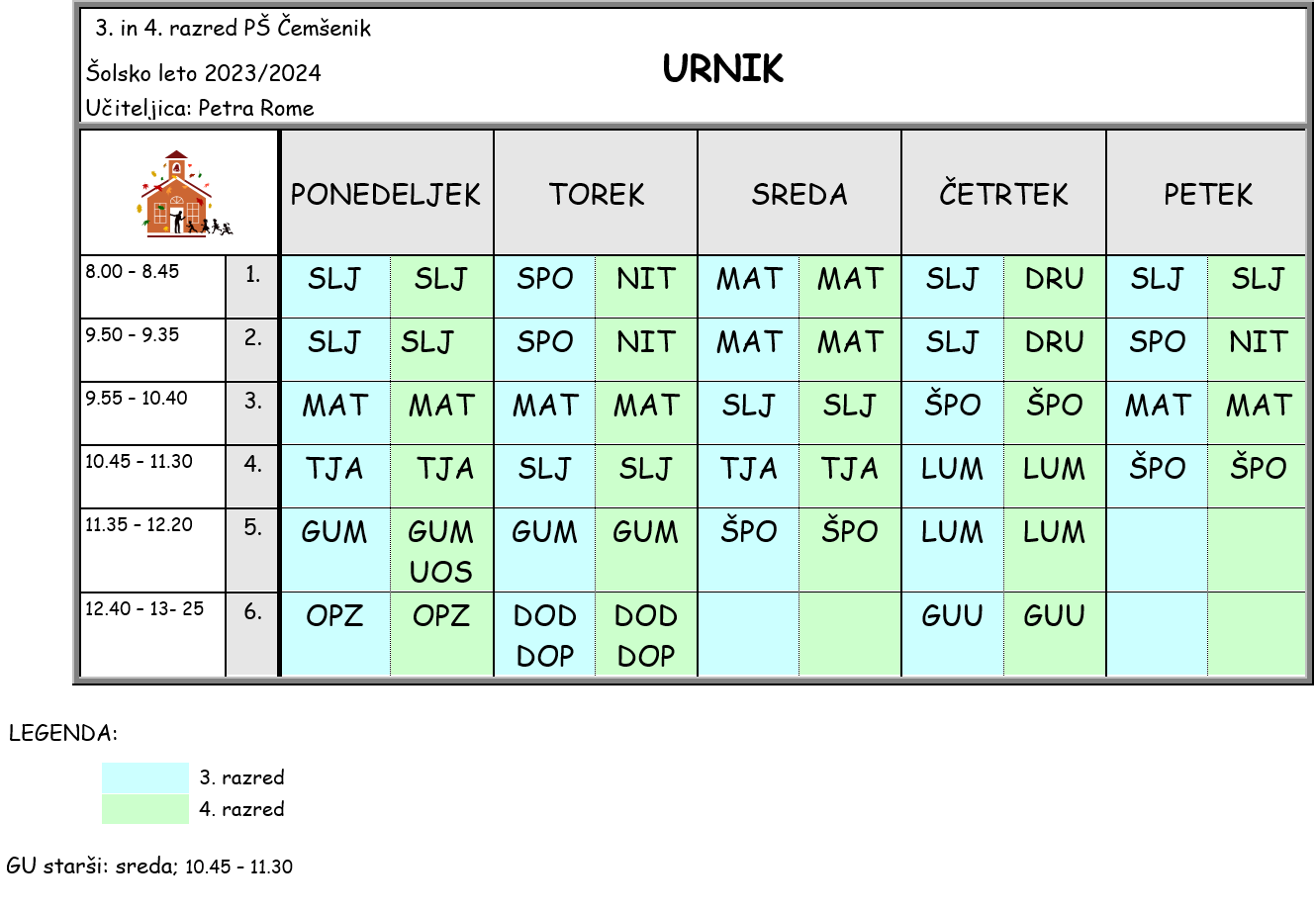 PŠ Čemšenik | Urnik 3. in 4. razred, šolsko leto 2023/2024