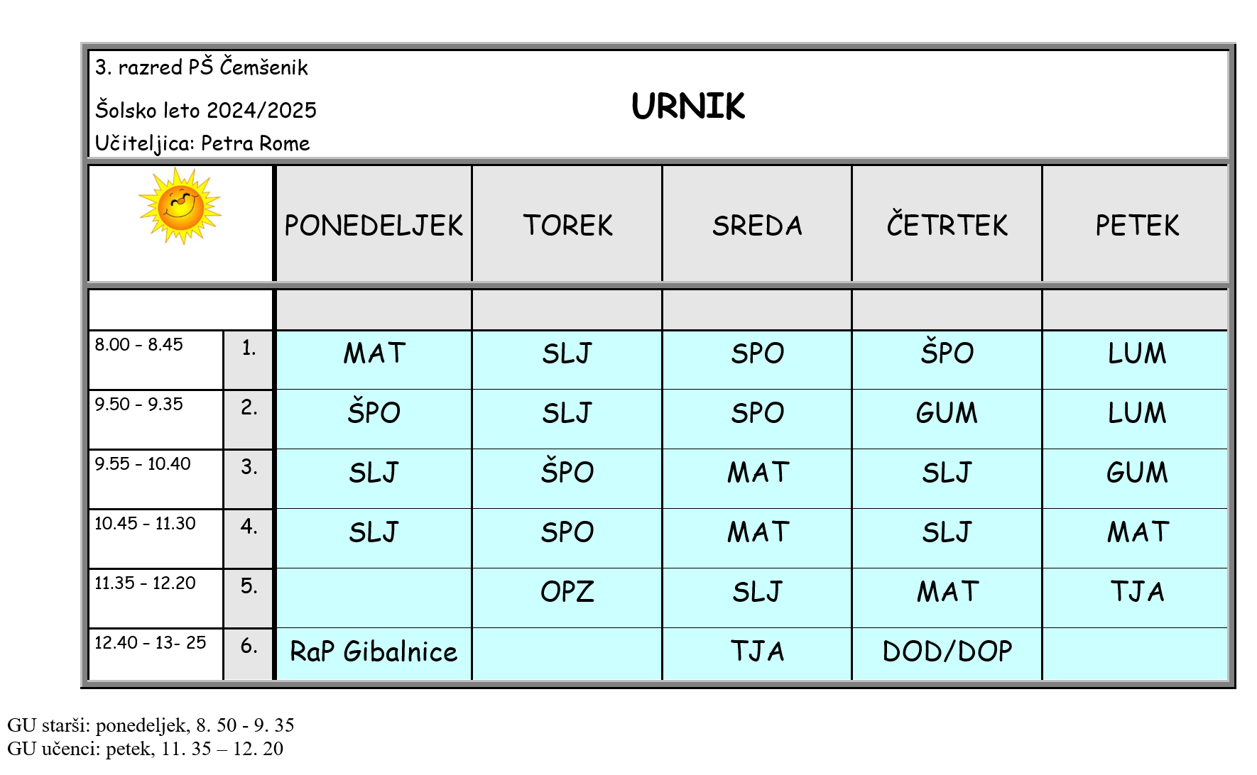 3., 4. PŠ Čemšenik | Urnik 3. in 4. razred, šolsko leto 2023/2024